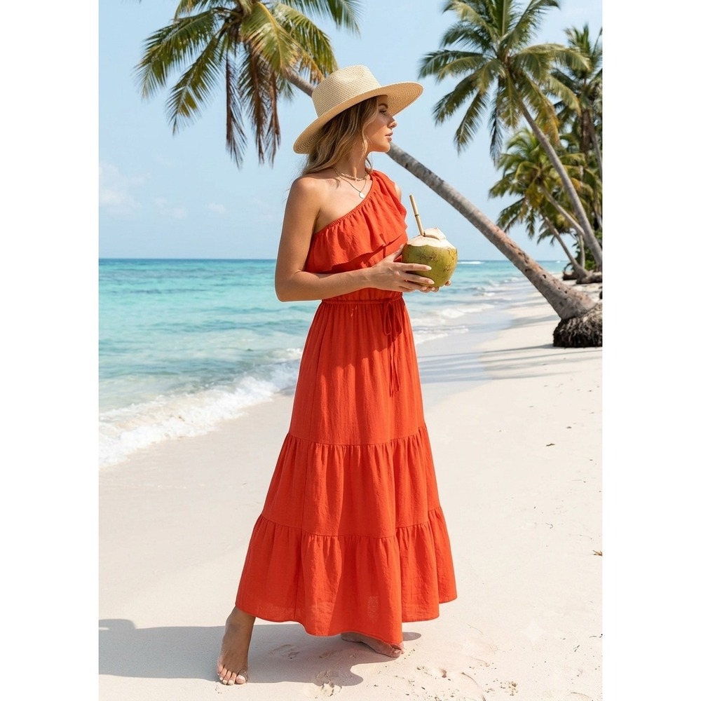Max Studio tropical One Shoulder Tiered Maxi Dress Orange Boho Summer Size M NWT - Picture 1 of 5